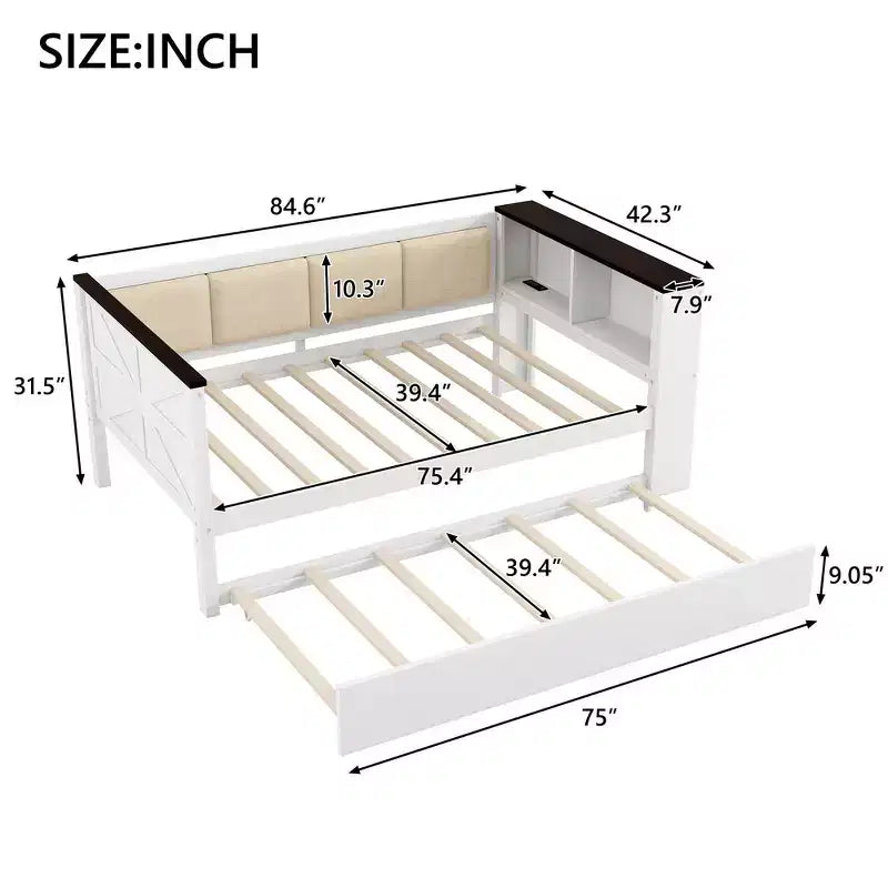 Divano-letto imbottito grigio e in legno naturale con letto estraibile, per 2 persone