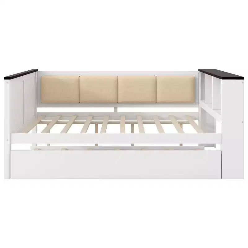 Divano-letto imbottito grigio e in legno naturale con letto estraibile, per 2 persone