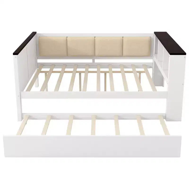 Divano-letto imbottito grigio e in legno naturale con letto estraibile, per 2 persone