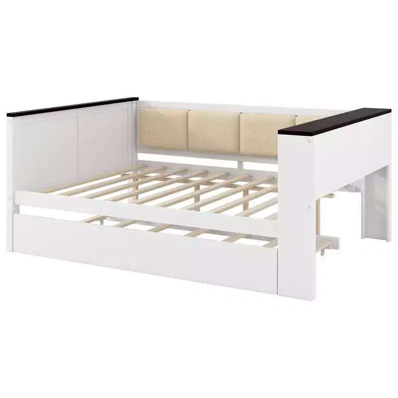 Divano-letto imbottito grigio e in legno naturale con letto estraibile, per 2 persone