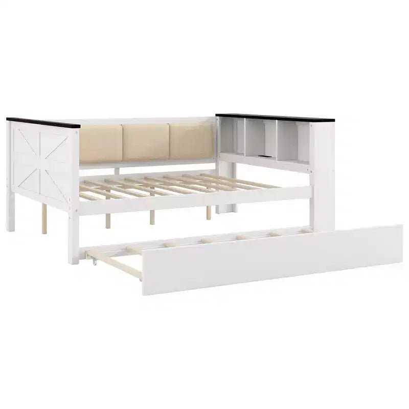 Divano-letto imbottito grigio e in legno naturale con letto estraibile, per 2 persone