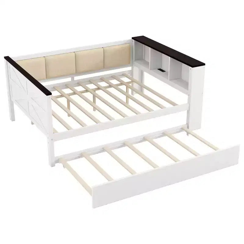 Divano-letto imbottito grigio e in legno naturale con letto estraibile, per 2 persone
