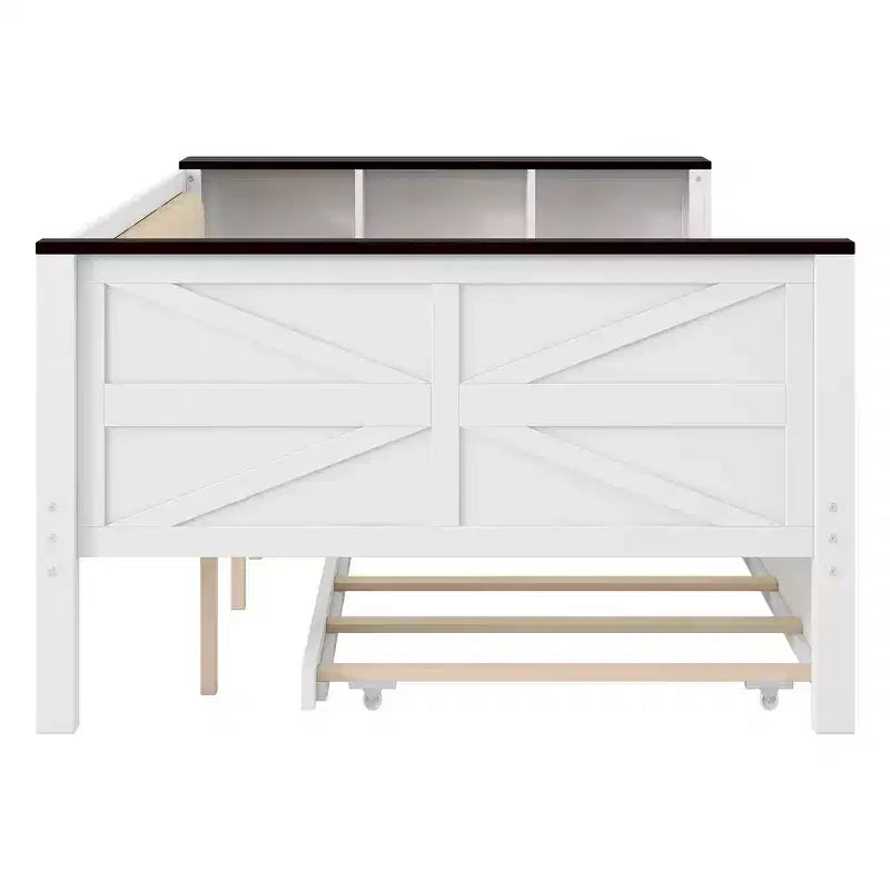 Divano-letto imbottito grigio e in legno naturale con letto estraibile, per 2 persone
