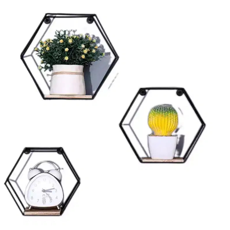 Mensole Esagonali Fluttuanti in Metallo Nero e Legno, Set da 3