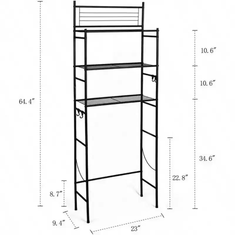 Scaffale portaoggetti da bagno da posizionare sopra il WC a 3 ripiani con 4 ganci, nero, autoportante, montaggio da 1 persona