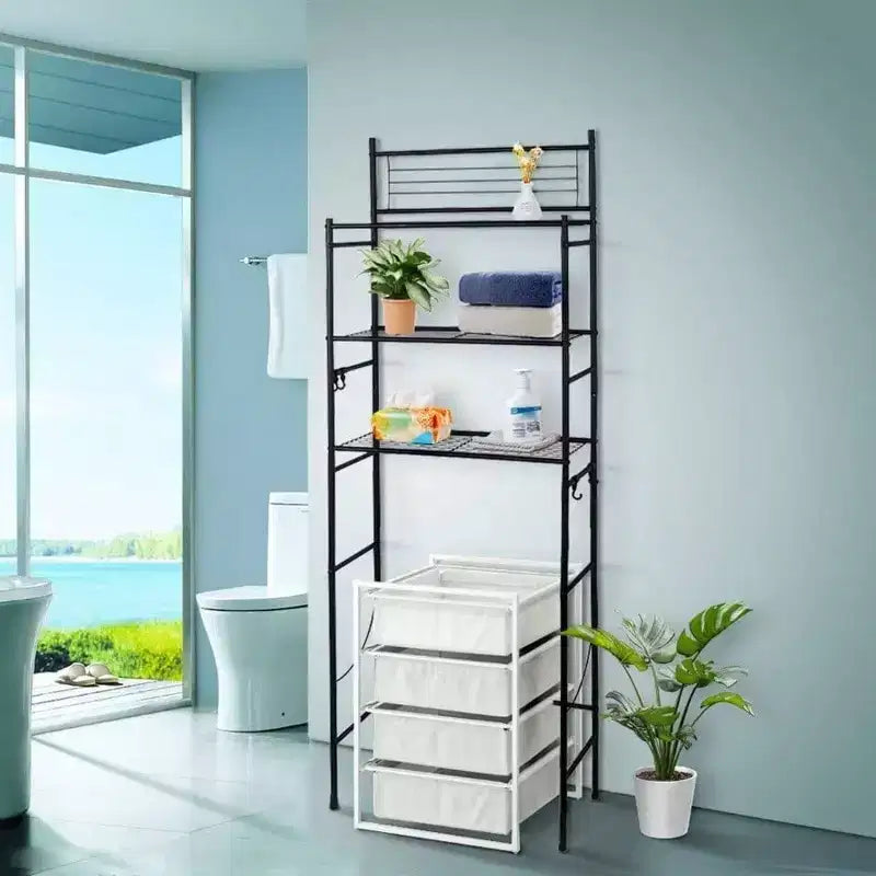 Scaffale portaoggetti da bagno da posizionare sopra il WC a 3 ripiani con 4 ganci, nero, autoportante, montaggio da 1 persona