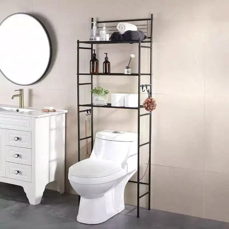 Scaffale portaoggetti da bagno da posizionare sopra il WC a 3 ripiani con 4 ganci, nero, autoportante, montaggio da 1 persona