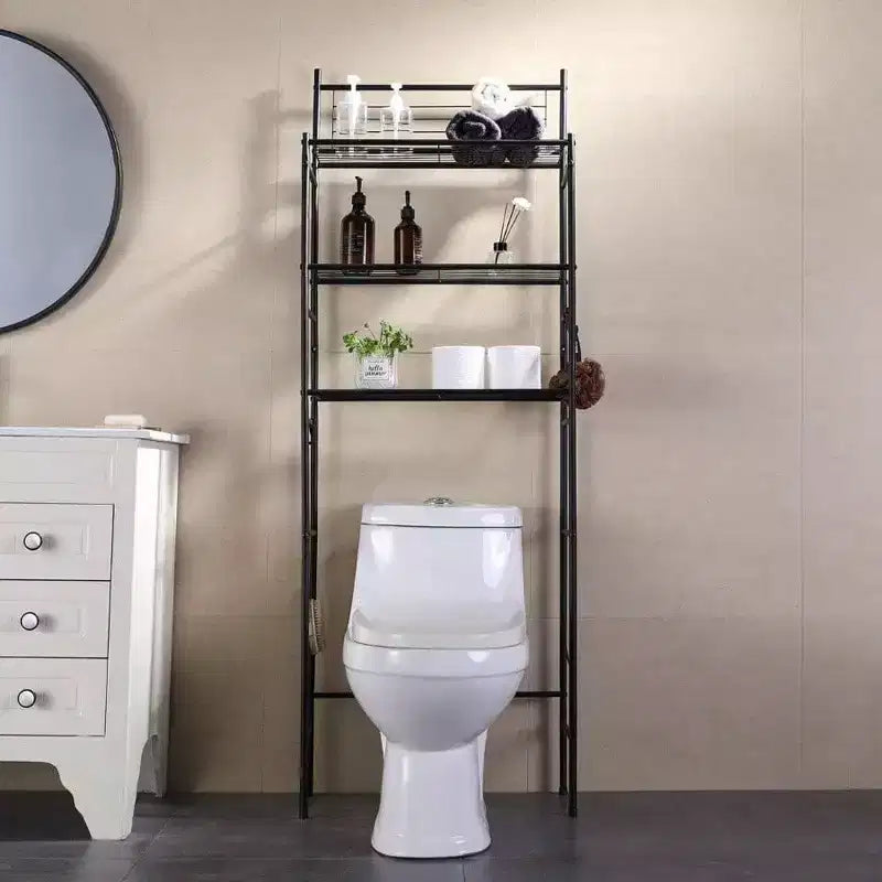 Scaffale portaoggetti da bagno da posizionare sopra il WC a 3 ripiani con 4 ganci, nero, autoportante, montaggio da 1 persona