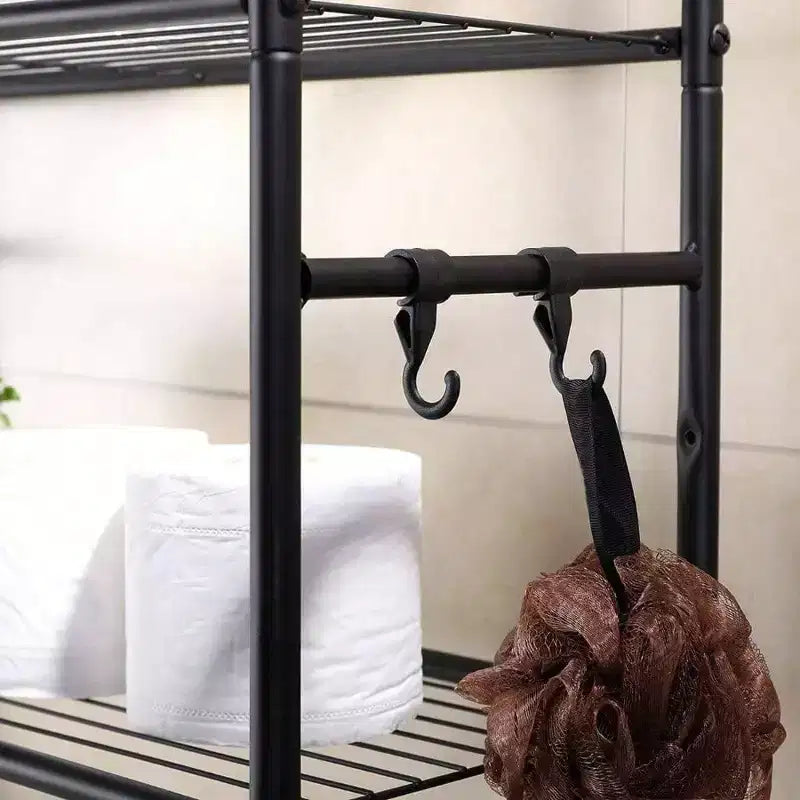 Scaffale portaoggetti da bagno da posizionare sopra il WC a 3 ripiani con 4 ganci, nero, autoportante, montaggio da 1 persona