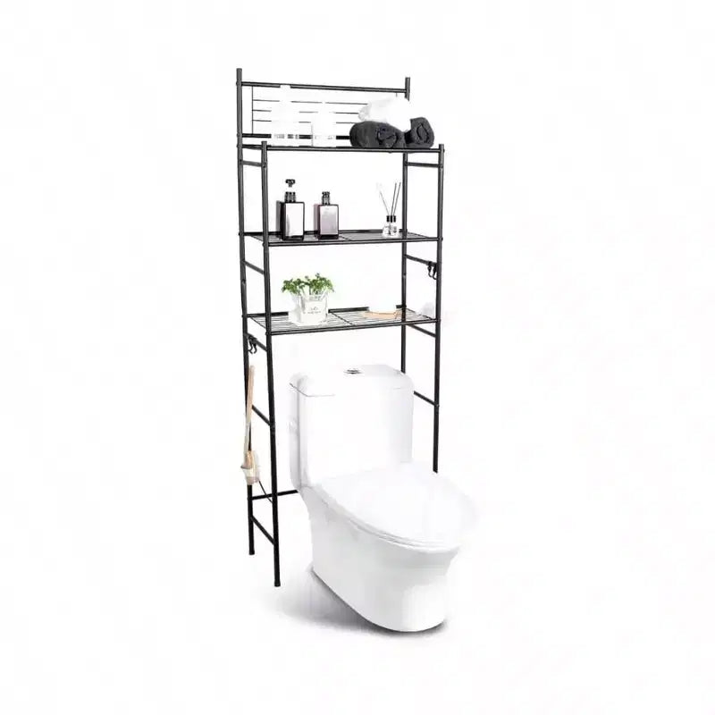 Scaffale portaoggetti da bagno da posizionare sopra il WC a 3 ripiani con 4 ganci, nero, autoportante, montaggio da 1 persona