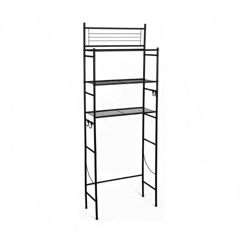Scaffale portaoggetti da bagno da posizionare sopra il WC a 3 ripiani con 4 ganci, nero, autoportante, montaggio da 1 persona