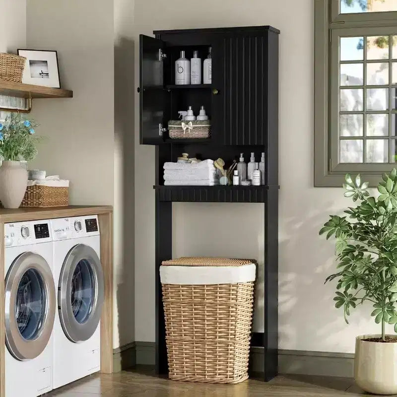 Mobiletto bagno sopra WC nero, ante scanalate, cerniere a chiusura ammortizzata, standard