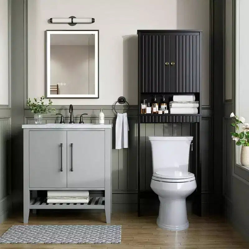 Mobiletto bagno sopra WC nero, ante scanalate, cerniere a chiusura ammortizzata, standard