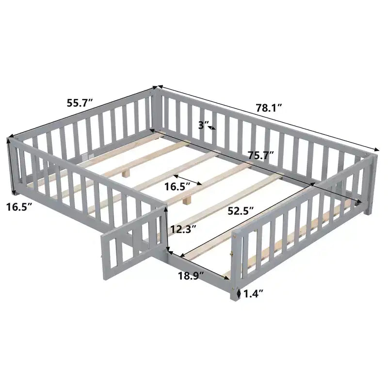 Letto a pavimento per bambini, completo, con porta e sponde, grigio/naturale, per 1 bambino