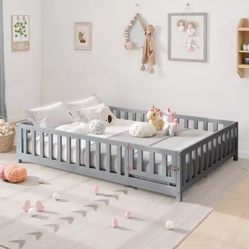 Letto a pavimento per bambini, completo, con porta e sponde, grigio/naturale, per 1 bambino