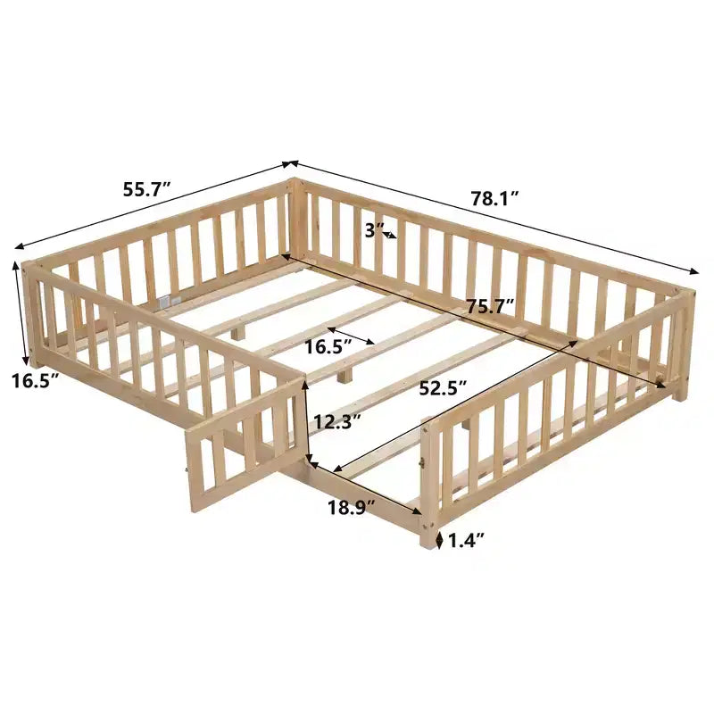 Letto a pavimento per bambini, completo, con porta e sponde, grigio/naturale, per 1 bambino