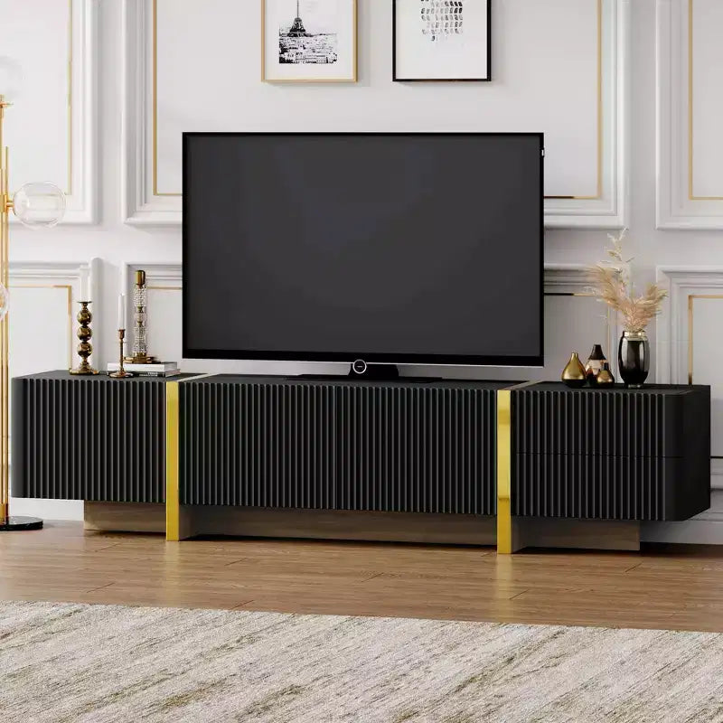 Fluted TV Stand for 80 inch TV with Storage Drawers, Wood TV Storage Cabinet, Entertainment Center Media Console with Golden Wood Grain Legs