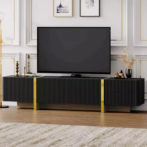 Fluted TV Stand for 80 inch TV with Storage Drawers, Wood TV Storage Cabinet, Entertainment Center Media Console with Golden Wood Grain Legs
