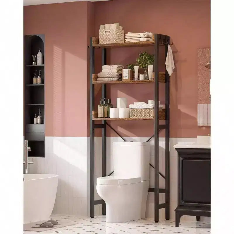 Scaffale portaoggetti da bagno a 3 ripiani Rustico Marrone da sopra il WC con 4 ganci, montaggio da 1 persona