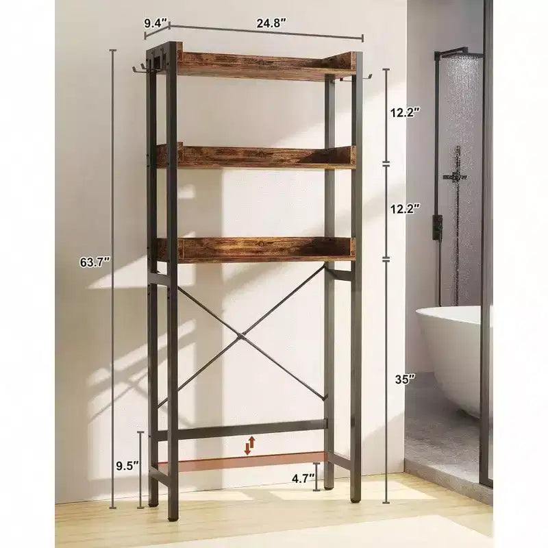 Scaffale portaoggetti da bagno a 3 ripiani Rustico Marrone da sopra il WC con 4 ganci, montaggio da 1 persona