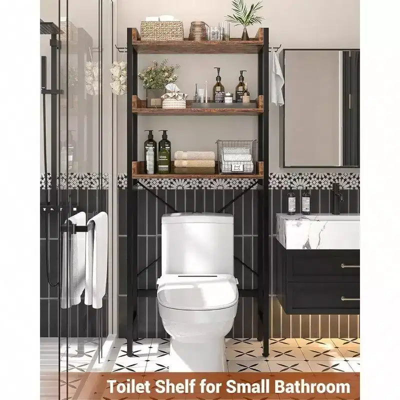 Scaffale portaoggetti da bagno a 3 ripiani Rustico Marrone da sopra il WC con 4 ganci, montaggio da 1 persona