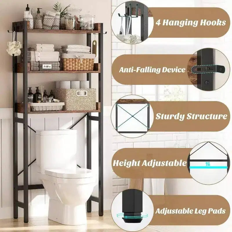 Scaffale portaoggetti da bagno a 3 ripiani Rustico Marrone da sopra il WC con 4 ganci, montaggio da 1 persona