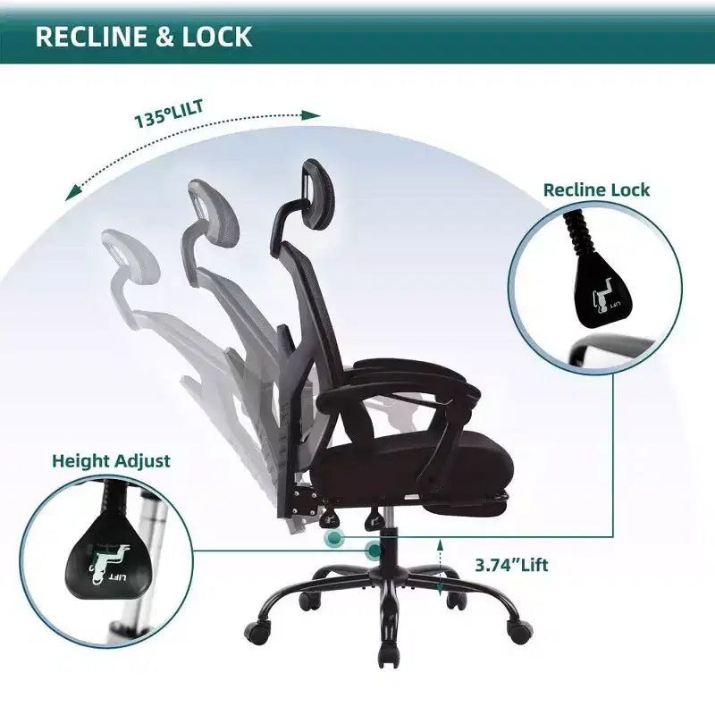 Sedia da ufficio con schienale alto in rete Nera / Blu / Grigia / Verde con poggiapiedi, singola