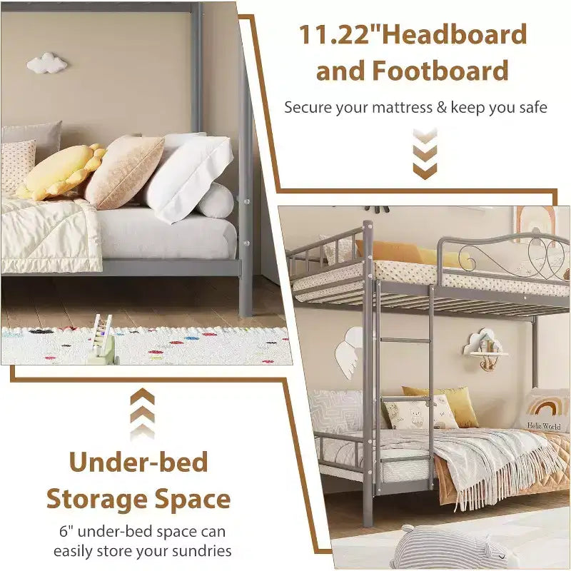 Letto a castello in metallo a 2 posti, nero / oro / grigio / rosa