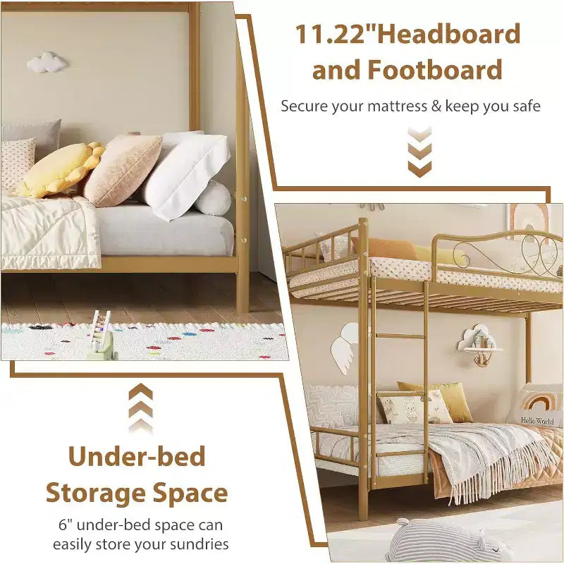 Letto a castello in metallo a 2 posti, nero / oro / grigio / rosa