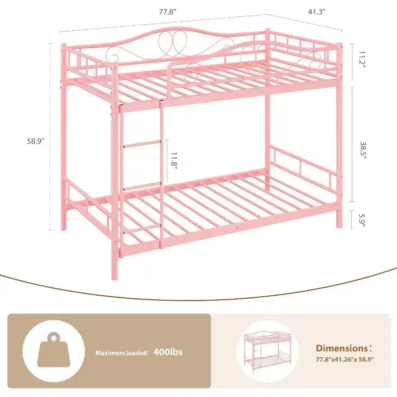 Letto a castello in metallo a 2 posti, nero / oro / grigio / rosa