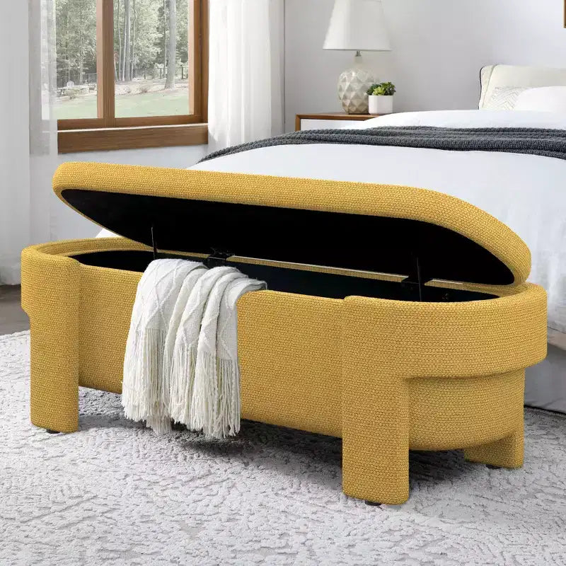 Panca Contenitore in Lino Beige / Blu / Giallo con Scomparto Nascosto, 1 Posto a Sedere