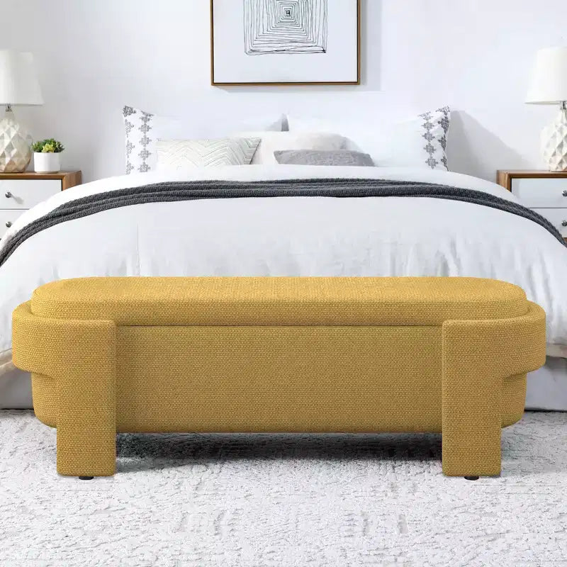 Panca Contenitore in Lino Beige / Blu / Giallo con Scomparto Nascosto, 1 Posto a Sedere