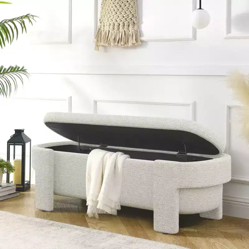Panca Contenitore in Lino Beige / Blu / Giallo con Scomparto Nascosto, 1 Posto a Sedere