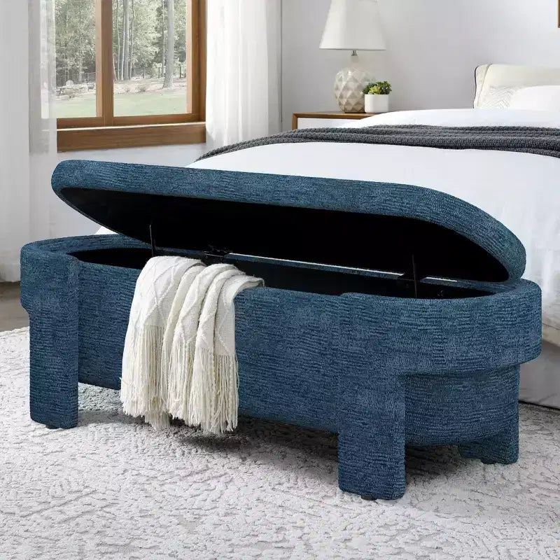 Panca Contenitore in Lino Beige / Blu / Giallo con Scomparto Nascosto, 1 Posto a Sedere