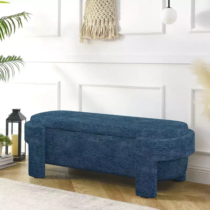 Panca Contenitore in Lino Beige / Blu / Giallo con Scomparto Nascosto, 1 Posto a Sedere