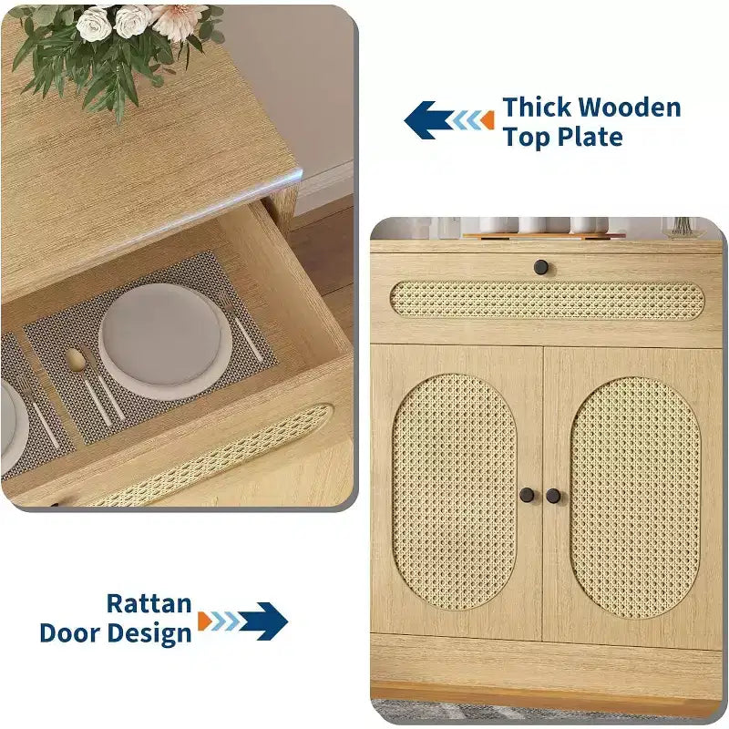 Madia in Rattan Naturale e Legno con 2 Cassetti e 4 Ante, Montaggio 1 Persona