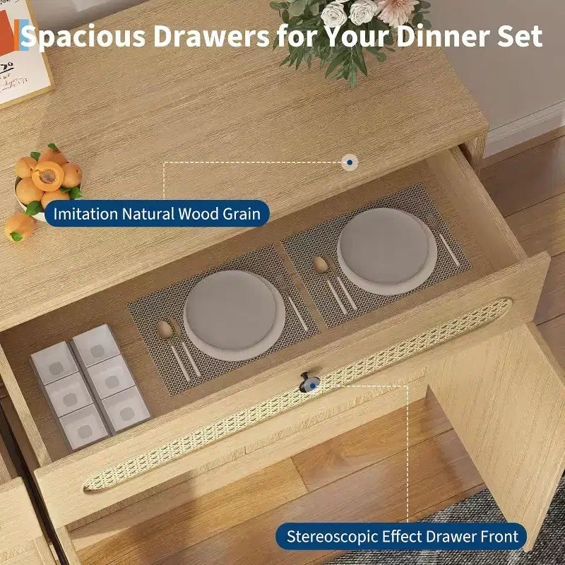 Madia in Rattan Naturale e Legno con 2 Cassetti e 4 Ante, Montaggio 1 Persona