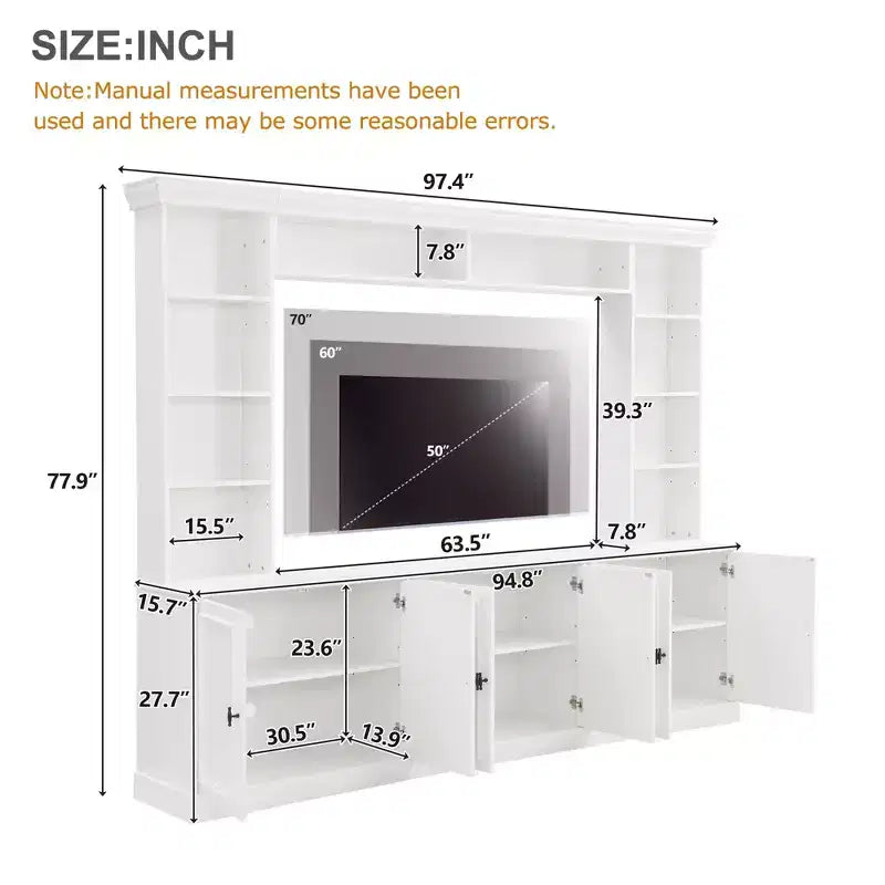 Mobile da parete per intrattenimento con libreria, nero/bianco, adatto per TV fino a 70"