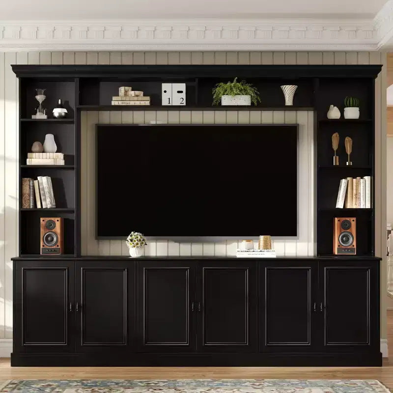 Mobile da parete per intrattenimento con libreria, nero/bianco, adatto per TV fino a 70"