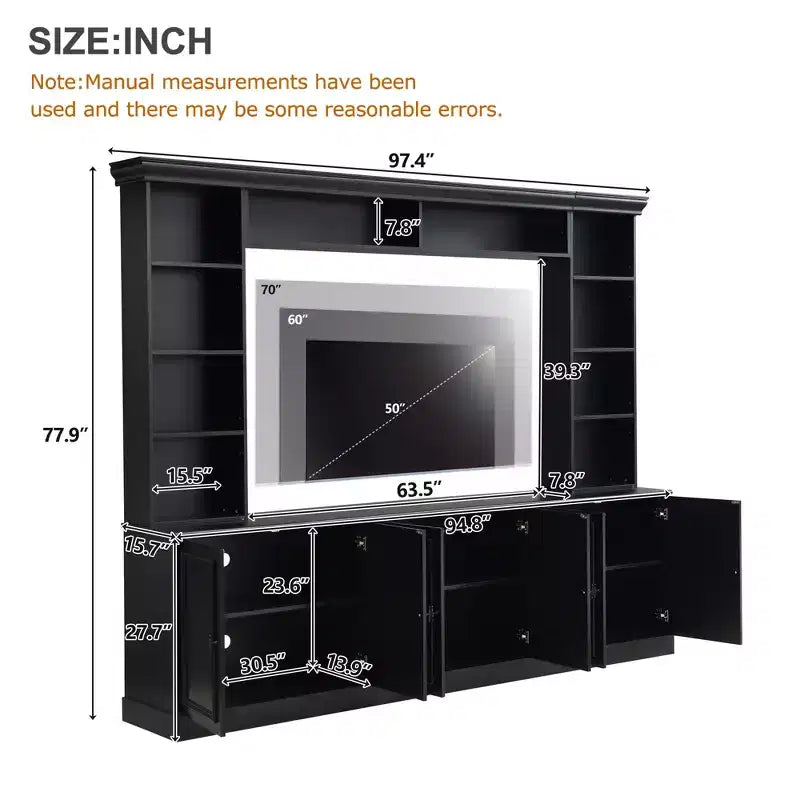 Mobile da parete per intrattenimento con libreria, nero/bianco, adatto per TV fino a 70"