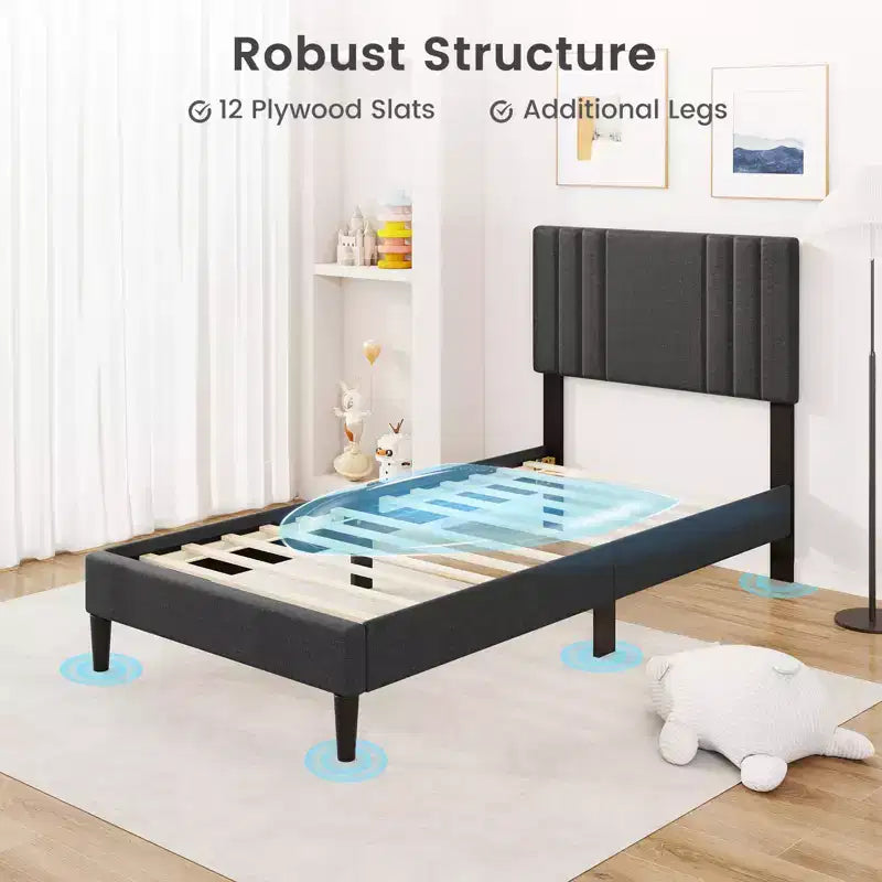 Letto a piattaforma imbottito grigio con testiera trapuntata, Twin/Full/Queen, 1 persona