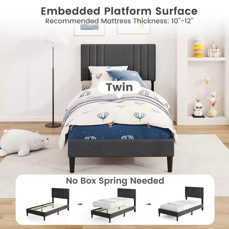 Letto a piattaforma imbottito grigio con testiera trapuntata, Twin/Full/Queen, 1 persona