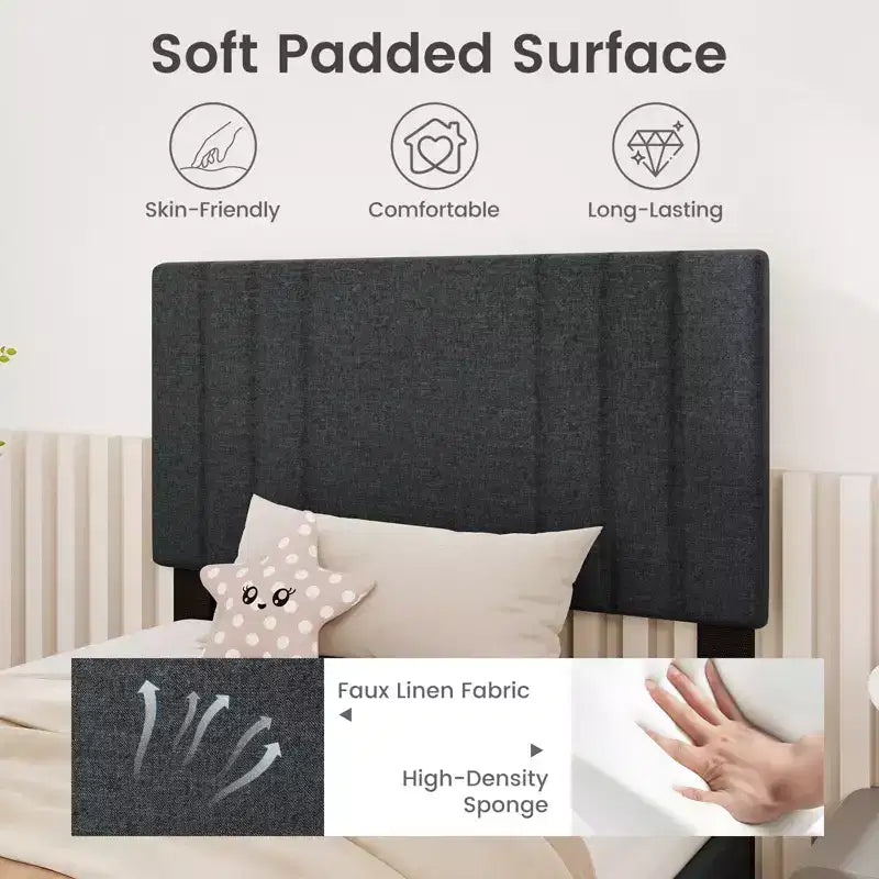 Letto a piattaforma imbottito grigio con testiera trapuntata, Twin/Full/Queen, 1 persona
