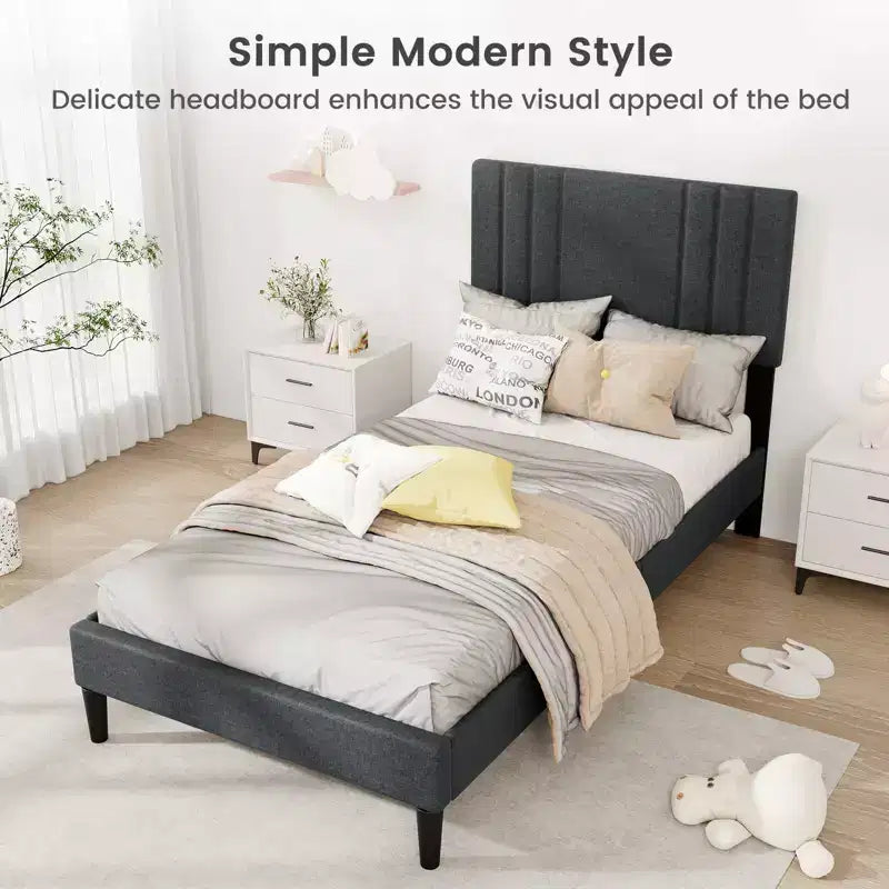 Letto a piattaforma imbottito grigio con testiera trapuntata, Twin/Full/Queen, 1 persona
