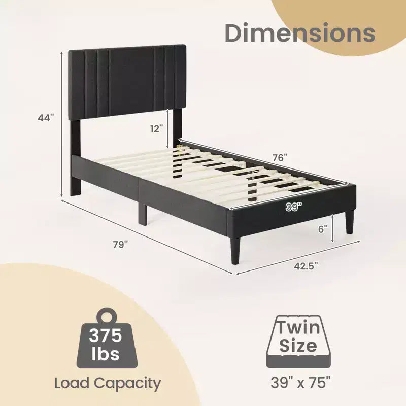 Letto a piattaforma imbottito grigio con testiera trapuntata, Twin/Full/Queen, 1 persona