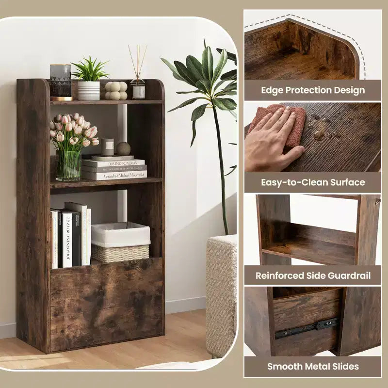 Libreria a 3 ripiani con cassetto, Marrone rustico/Bianco, Singola