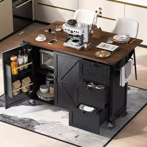 Farmhouse Kitchen Island with Power Outlet, Kitchen Storage Island with Drop Leaf, Rolling Kitchen Cart on Wheels with Internal Storage Rack