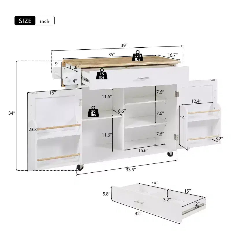 Carrello da cucina in stile rustico con isola su ruote, grigio/bianco, per uso singolo