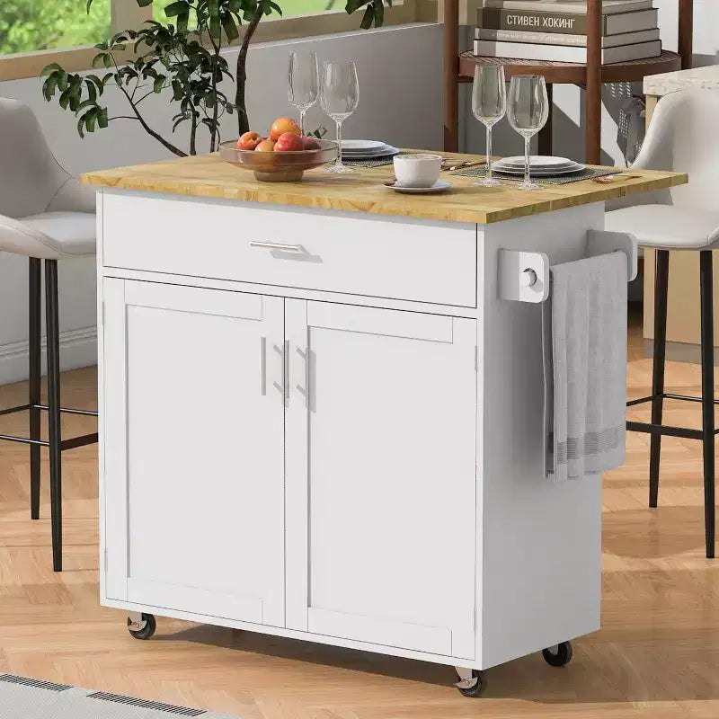 Carrello da cucina in stile rustico con isola su ruote, grigio/bianco, per uso singolo
