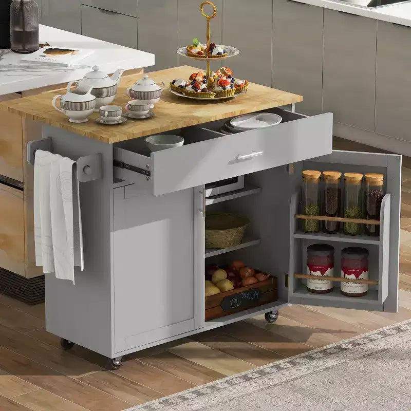 Carrello da cucina in stile rustico con isola su ruote, grigio/bianco, per uso singolo